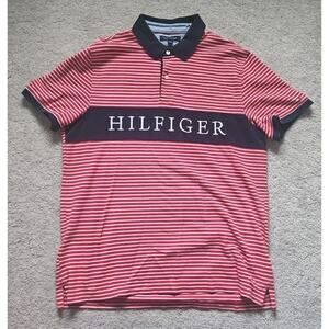 Tommy Hilfiger Polo Shirt Men's XL Red Striped Custom Fit Embroidered Logo